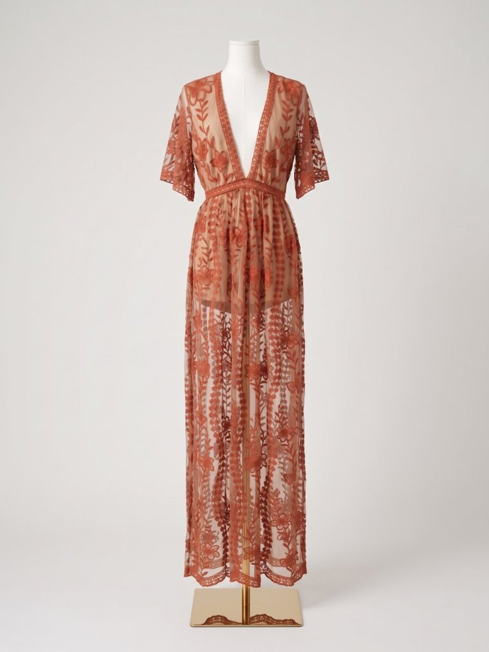 Honey Punch Rust Terracotta Embroidered Lace Plunge Maxi Dress Boho Festival Siz